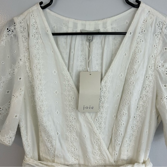 NWT Joie White Eyelet Lace Short Sleeve Belted Faux Wrap Midi Dress Size 4 - Picture 6 of 11